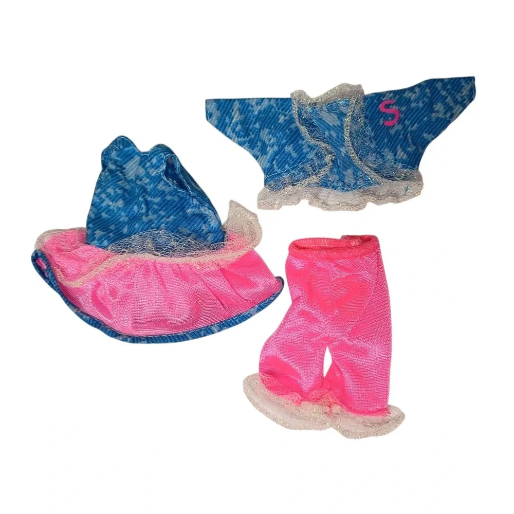 1993 Barbie's Feeling Fun Stacie Acid Washed Jacket, Skirt, & Pants Pink Ruffles